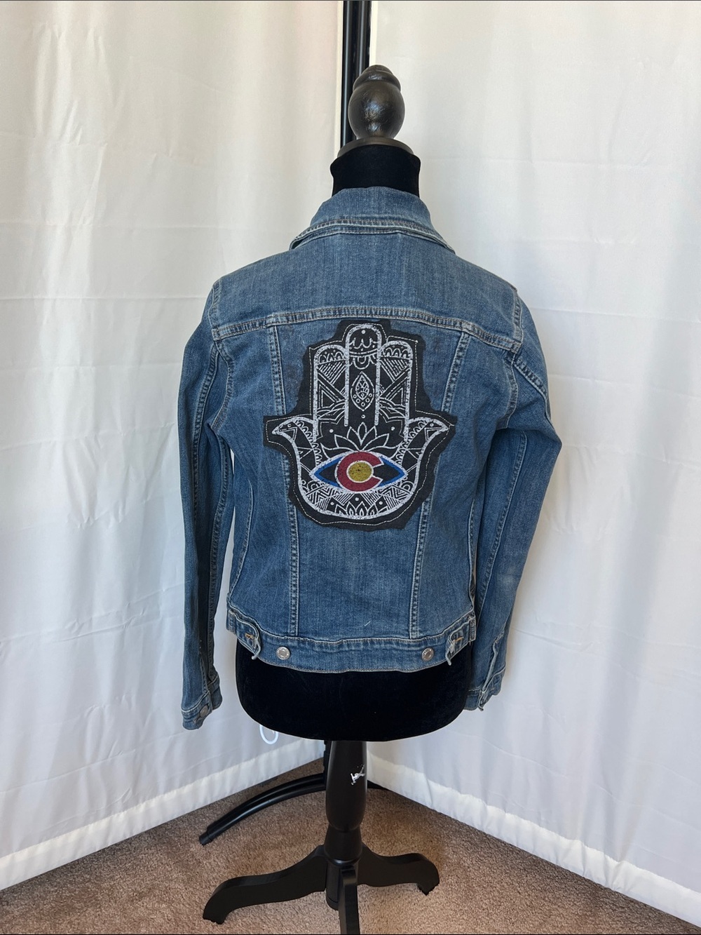 Upcycled Denim Jacket with Colorado Hamsa and Jeep Patch